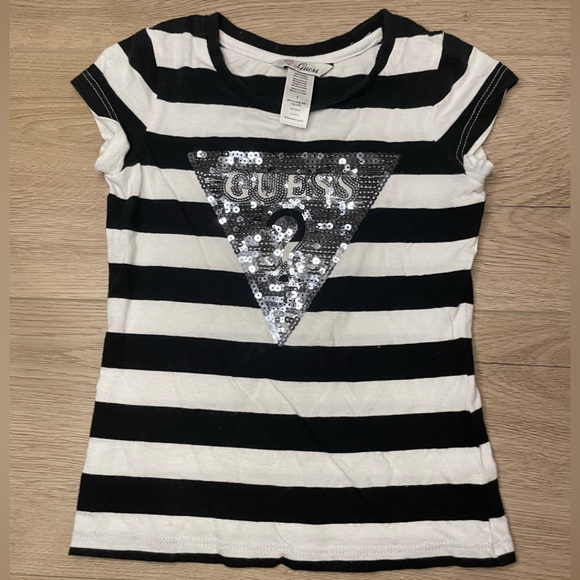 Guess Black and White Striped Tee for girls - Picture 1 of 3